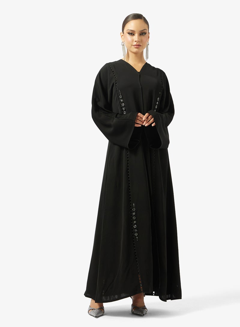hayas closet Black Lace Detail Abaya With Sheila - Image 4